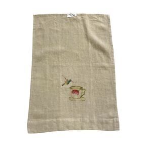 French Graffiti Beige Linen Guest Towel Hummingbird, Flower, Teacup 17 x 25
